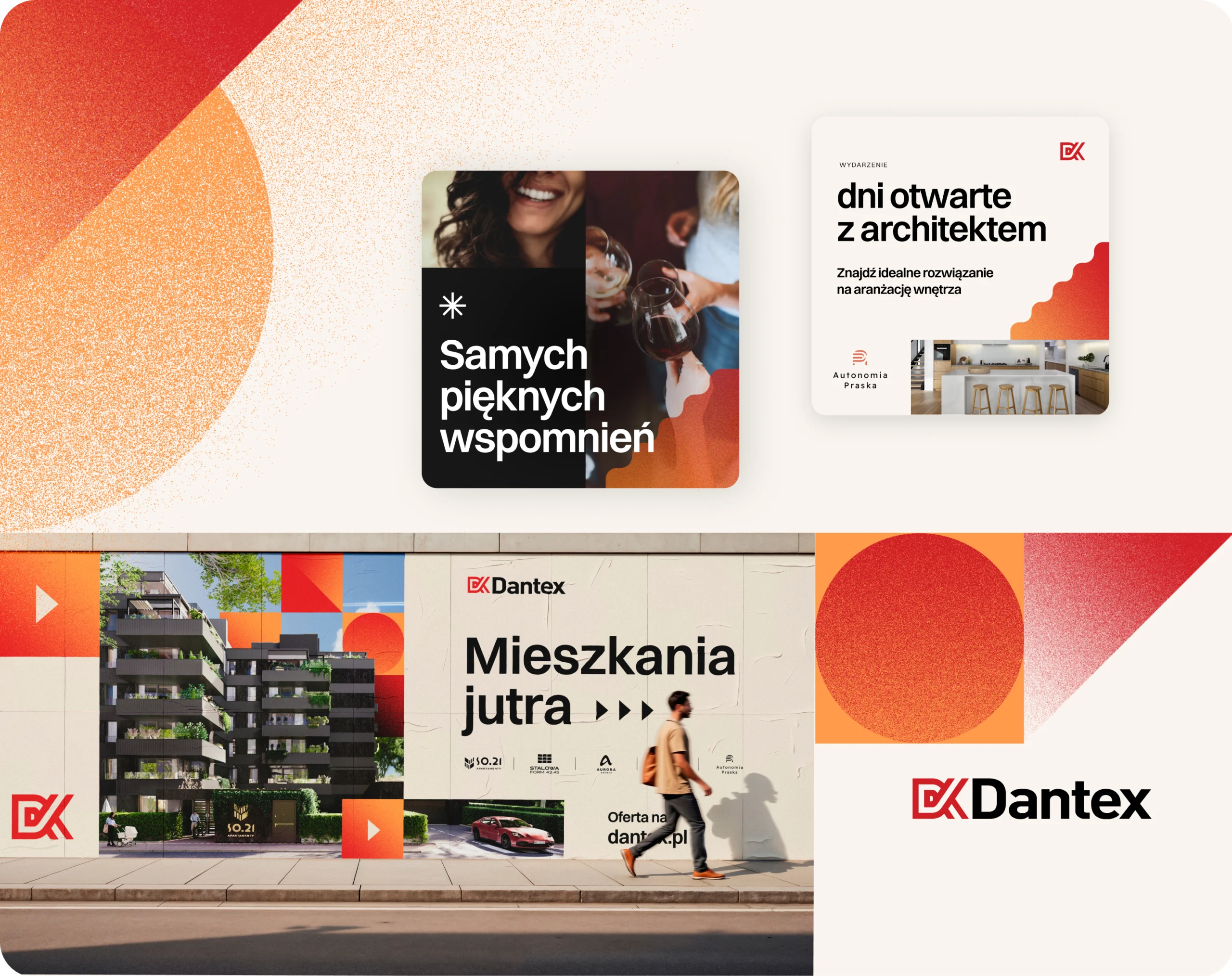 Przykłady usług brandingowych dla dewelopera Dantex, obejmujące key visual, materiały reklamowe i kreacje dla inwestycji mieszkaniowych