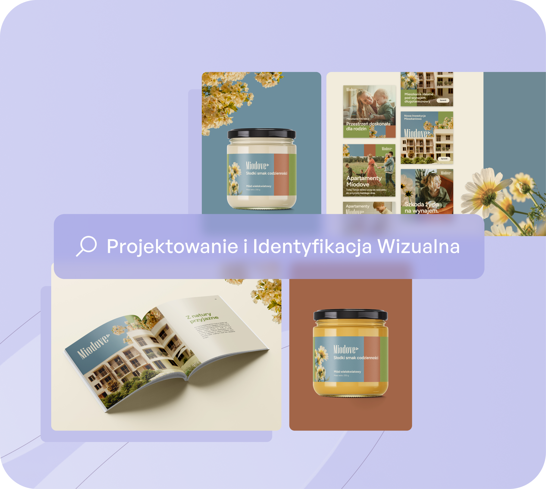 Projekt identyfikacji wizualnej inwestycji Miodove, przedstawiony na materiałach reklamowych, katalogu sprzedażowym i opakowaniach miodu nawiązujących do nazwy marki