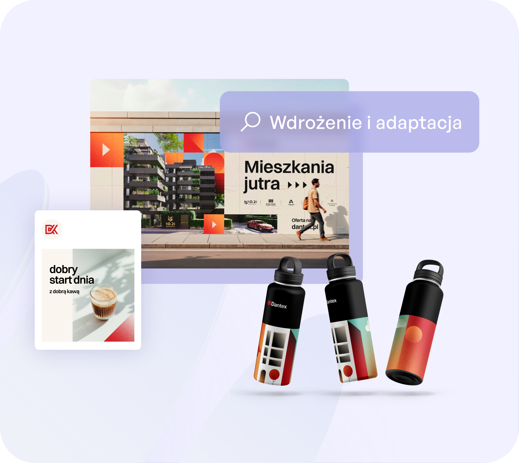 Przykłady wdrożenia identyfikacji wizualnej dewelopera Dantex na billboardzie, grafice do social mediów i materiałach promocyjnych