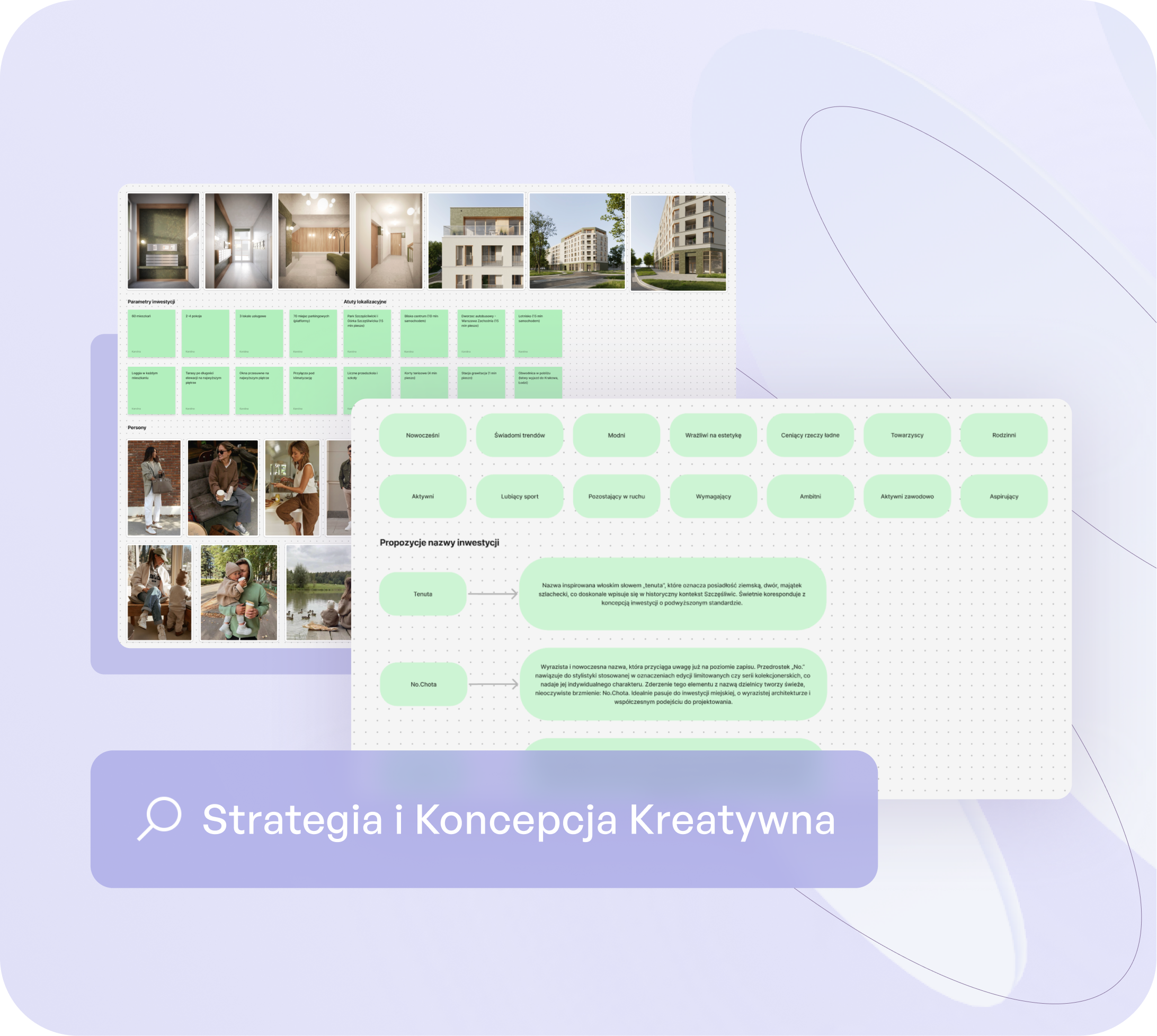 Materiały ze strategii i koncepcji kreatywnej brandingu inwestycji deweloperskiej, obejmujące moodboard, persony, cechy marki oraz propozycje namingu i claimów